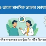 সিরাজগঞ্জে ভালো মানসিক ডাক্তার খোঁজার জন্য দিকনির্দেশনামূলক ইনফোগ্রাফিক। এতে একজন ডাক্তার ও রোগীর ছবি, বাংলাদেশের মানচিত্রে সিরাজগঞ্জ চিহ্নিত করা এবং বাংলায় শিরোনাম রয়েছে