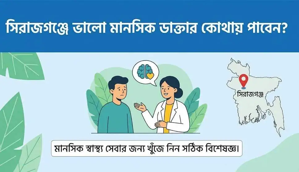 সিরাজগঞ্জে ভালো মানসিক ডাক্তার খোঁজার জন্য দিকনির্দেশনামূলক ইনফোগ্রাফিক। এতে একজন ডাক্তার ও রোগীর ছবি, বাংলাদেশের মানচিত্রে সিরাজগঞ্জ চিহ্নিত করা এবং বাংলায় শিরোনাম রয়েছে