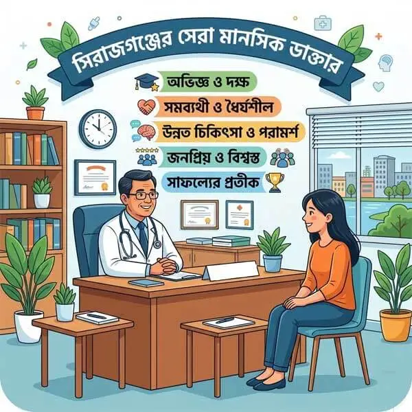 একজন পুরুষ ডাক্তার সিরাজগঞ্জে একটি চেম্বারে একজন নারী রোগীকে পরামর্শ দিচ্ছেন, ব্যাকগ্রাউন্ডে শহরের দৃশ্য এবং বাংলায় লেখা 'সিরাজগঞ্জের সেরা মানসিক ডাক্তার'।